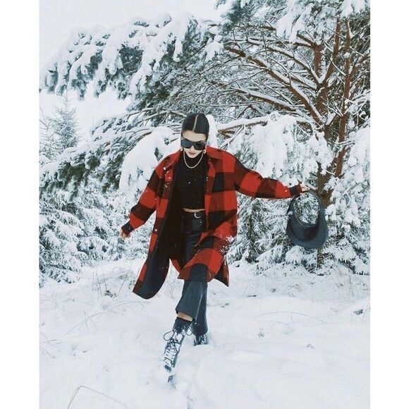 Plaid Shacket Shirt Jacket H&M Bloggers Red Black - Picture 6 of 7